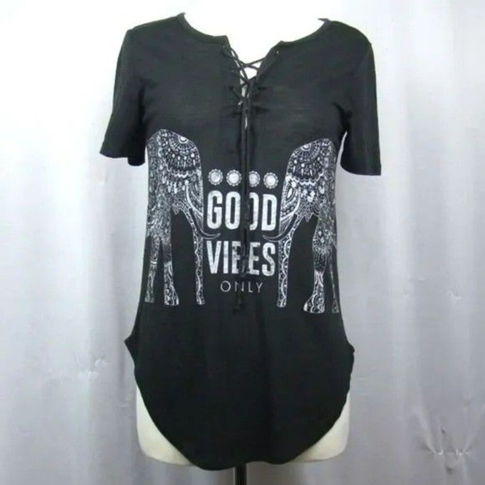 Cold Crush Women's Black Good Vibes Only Elephant Lace-Up Burnout T-Shirt Top S